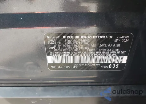 2024 Mitsubishi Outlander Se 2.5 2Wd/Se Black Edition S-Awc/Se Black Edition W/Pano Roof S-Awc z USA, uszkodzony, nr VIN JA4J3VA8XRZ068404